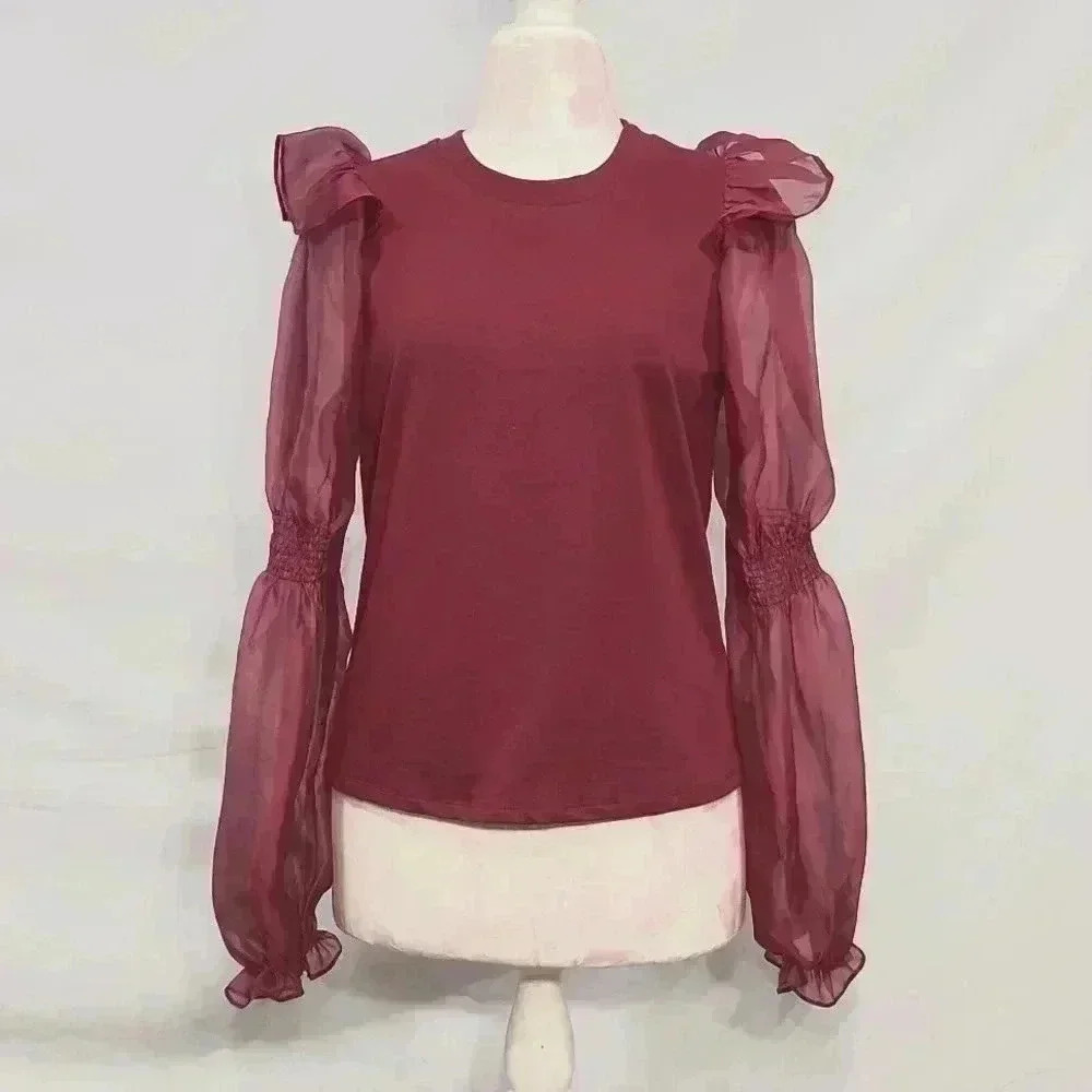 Anthropologie Sheer Ruffled Puff Sleeve Top